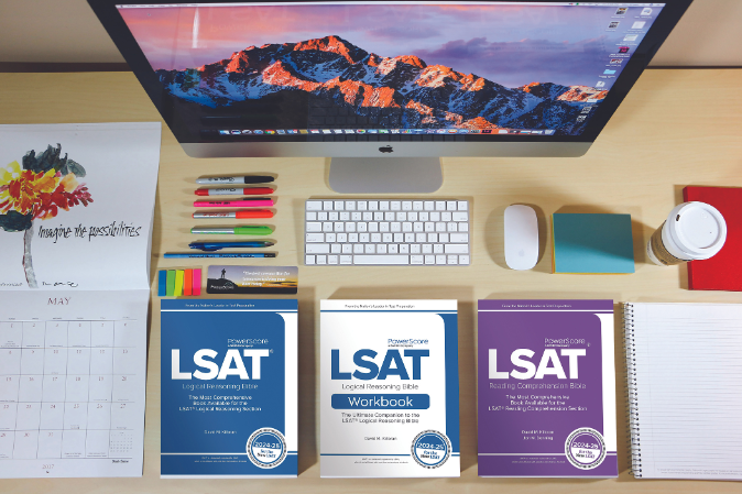 PowerScore LSAT books on desk