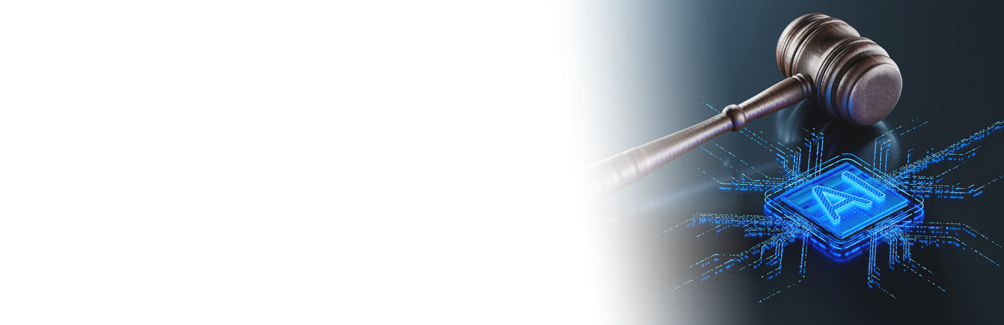 Judge’s gavel striking a digital AI microchip representing artificial intelligence and law