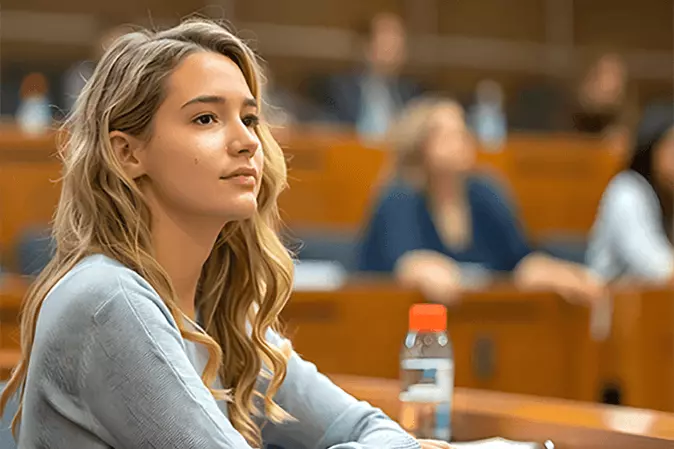 Young woman listening attentively while seated in a courtroom