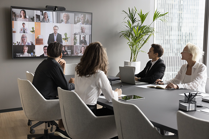Worldwide communication by business using video conference application. Staff members engaged in virtual meeting event with partners, investors or international colleagues. Briefing, app, modern tech