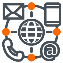 Globe surrounded by ways to contact: email, mail, phone