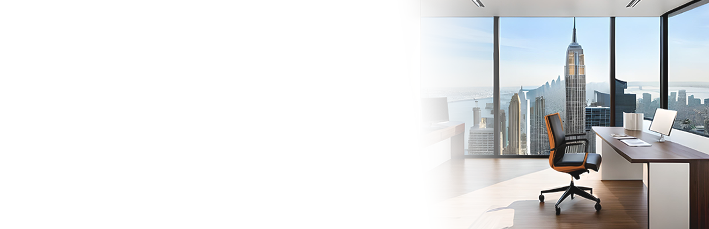 A modern office with a panoramic view of a city
