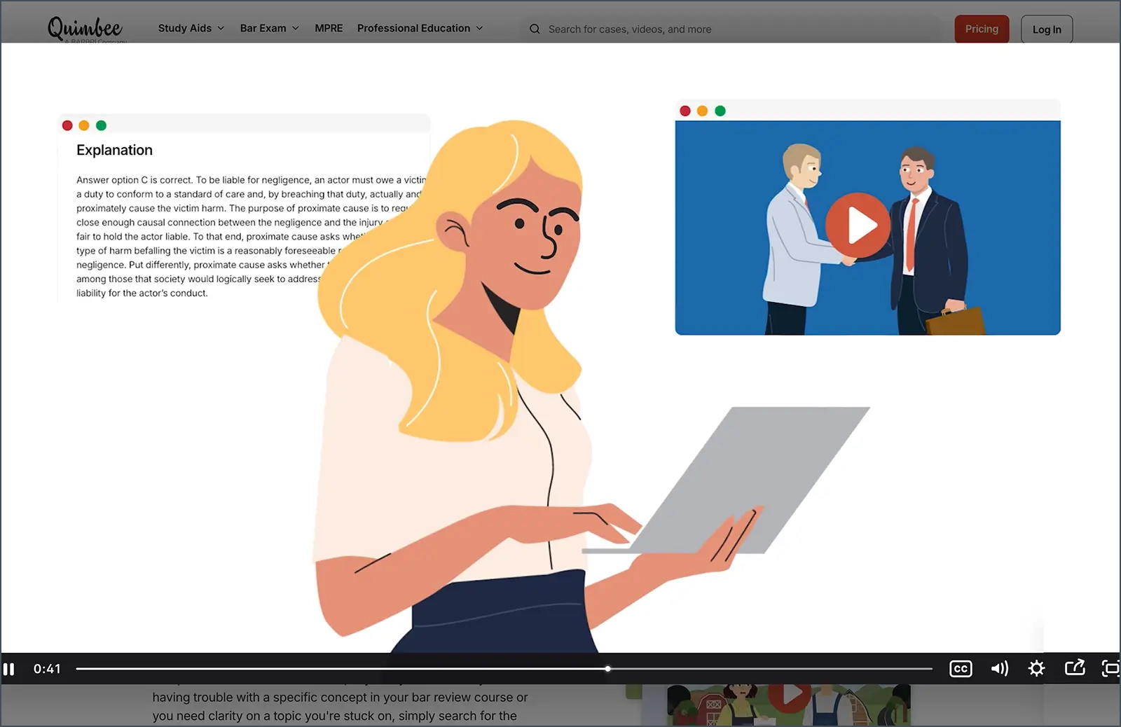 Screenshot of a woman playing a video with an explanation beside it