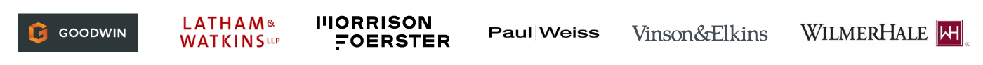 Law firm logos for Goodwin, Latham & Watkins LLP, Morrison Foerster, Paul Weiss, Vinson & Elkins and Wilmer Hale